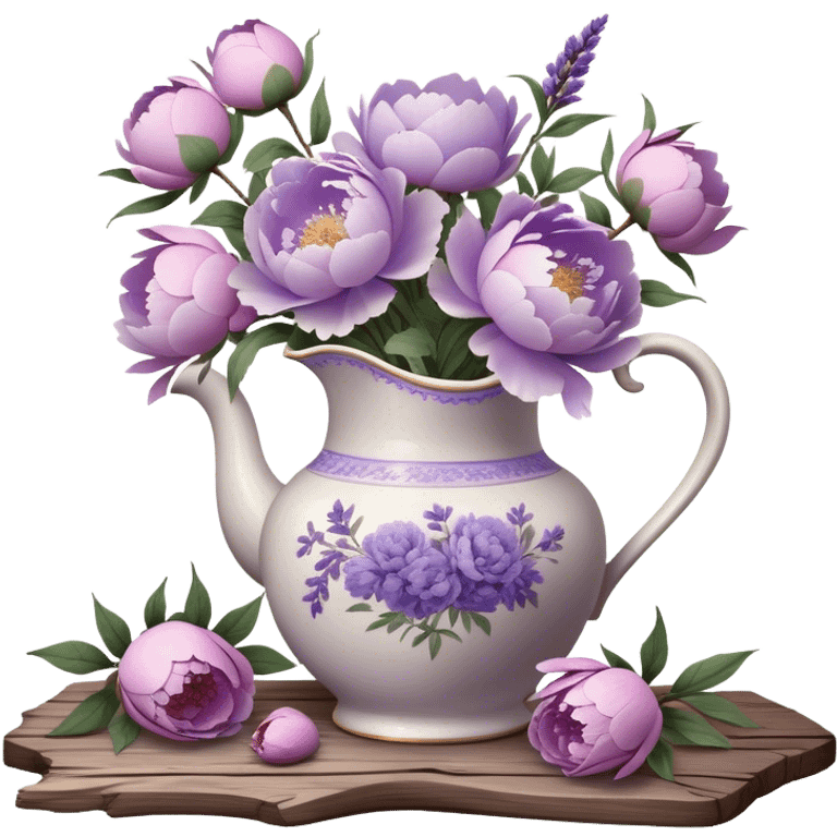 A vintage porcelain pitcher, adorned with fading lavender motifs, overflows with pastel purple peonies in various stages of bloom. Some petals, light as morning mist, curl gently at the edges, while others remain tightly wrapped, hinting at the promise of unfolding beauty. A few fallen blossoms rest beside the pitcher on an aged wooden table, their presence a fleeting echo of nature’s transient charm. Soft, diffused light filters through a lace-curtained window, lending the scene a nostalgic, dreamlike atmosphere." emoji