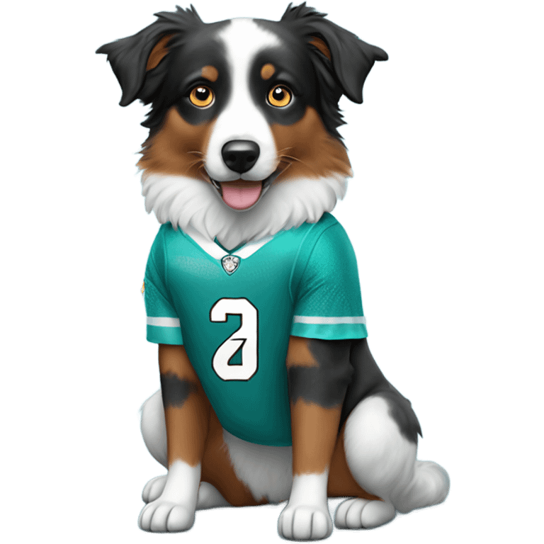 Mini Australian shepherd wearing a Dolphins jersey emoji