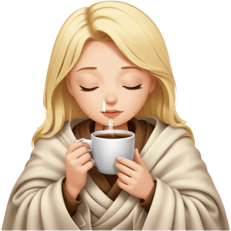 blonde girl inside a blanket sipping coffee eyes closed emoji