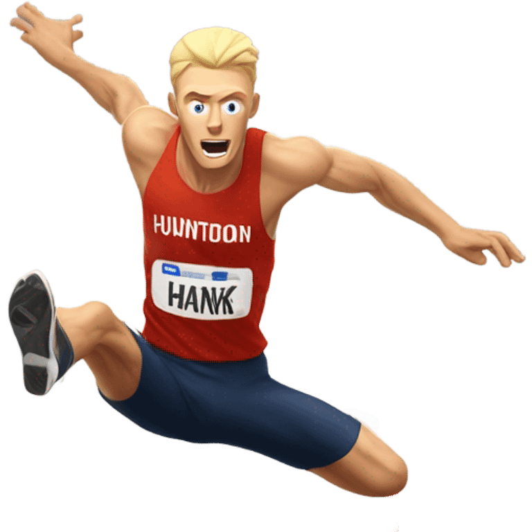 Blonde tall skinny man jumping hurdles in a Huntingdon Hawk track uniform emoji