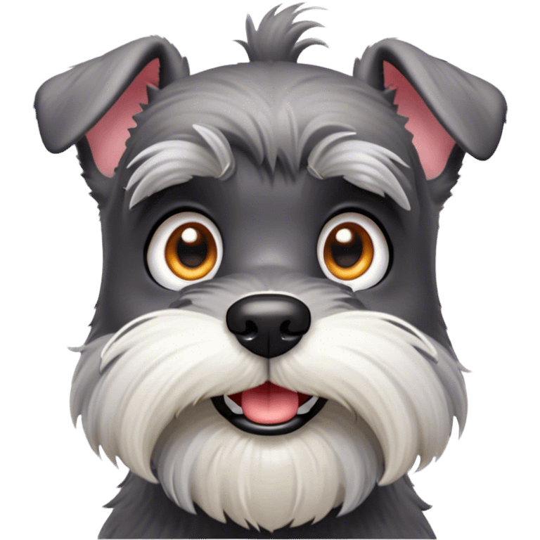 Cinematic Comical Miniature Schnauzer Portrait Emoji, Head tilted dramatically with a comically shocked expression and large, animated eyes, featuring a sharply defined salt-and-pepper fur with exaggerated, humorous eyebrows, simplified yet hilariously detailed, glowing with a bold, playful radiance, high shine, exuding a spirited and cheeky charm, styled with a soft glowing outline, capturing the essence of a Miniature Schnauzer that appears ready to dash into a burst of comic energy! emoji