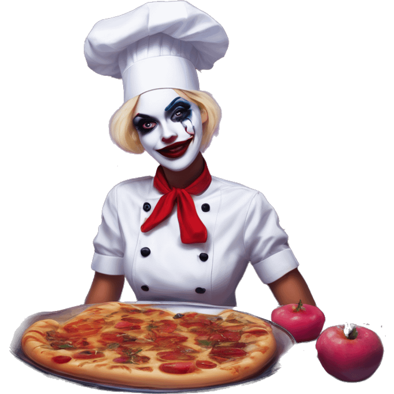 Synthwave chef in Harley Quinn style, oil paint, mysterious eyes, intricate lips, masterpiece portrait, odd perspective, beautiful, desirable, logical emoji