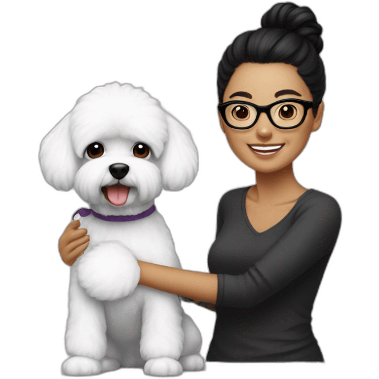 woman-black hair-bun-with glasses-with bichon dog-white-smile emoji