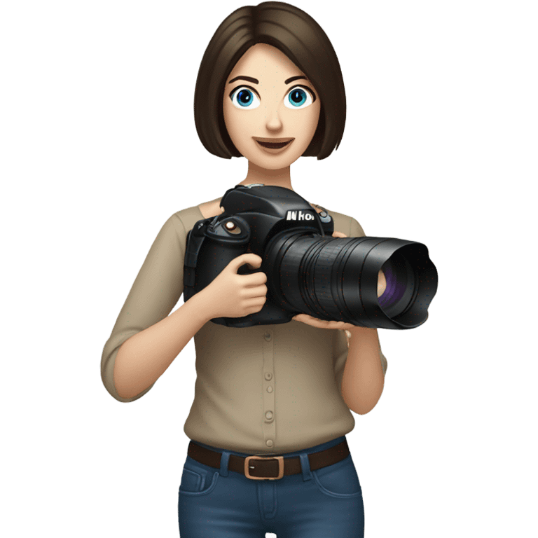 Portrait of woman with blue eyes and dark brown bob hair holding a nikon camera emoji