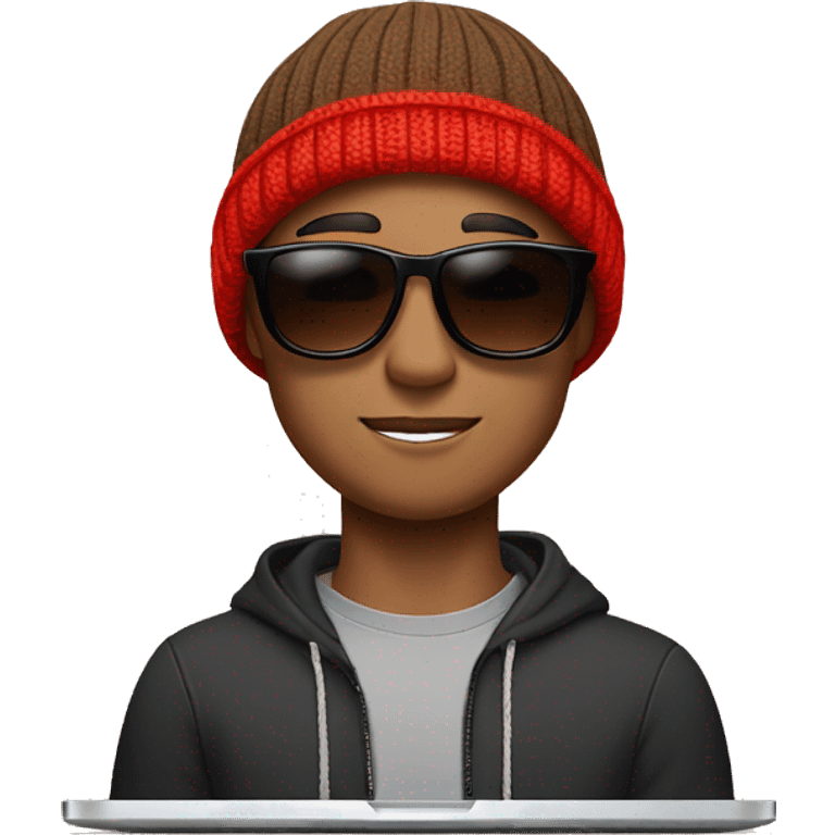 brown short hair man in his 20s with sunglasses and a red beanie with a pom-pom, has AirPods in and is on a Mac laptop emoji