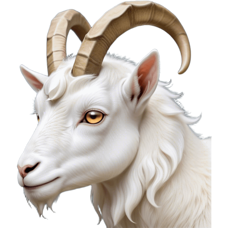 Cinematic Noble White Goat Portrait Emoji, Poised and regal, with a sturdy, agile build and a pristine, smooth white fur accented by gracefully curved horns, deep-set soulful dark eyes, Simplified yet sharp and sophisticated features, highly detailed, glowing with a soft, dignified glow, high shine, intelligent and spirited, stylized with an air of pastoral elegance, focused and attentive, soft glowing outline, capturing the essence of a watchful and confident goat, so majestic it feels as though it could leap out of the screen with effortless authority! emoji