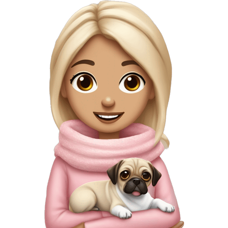 Recreate the first one Blonde girl with white scarf pink jumper cup of hot chocolate, marshmallows a flake and cream. With a jack russel mix pug brown dog emoji