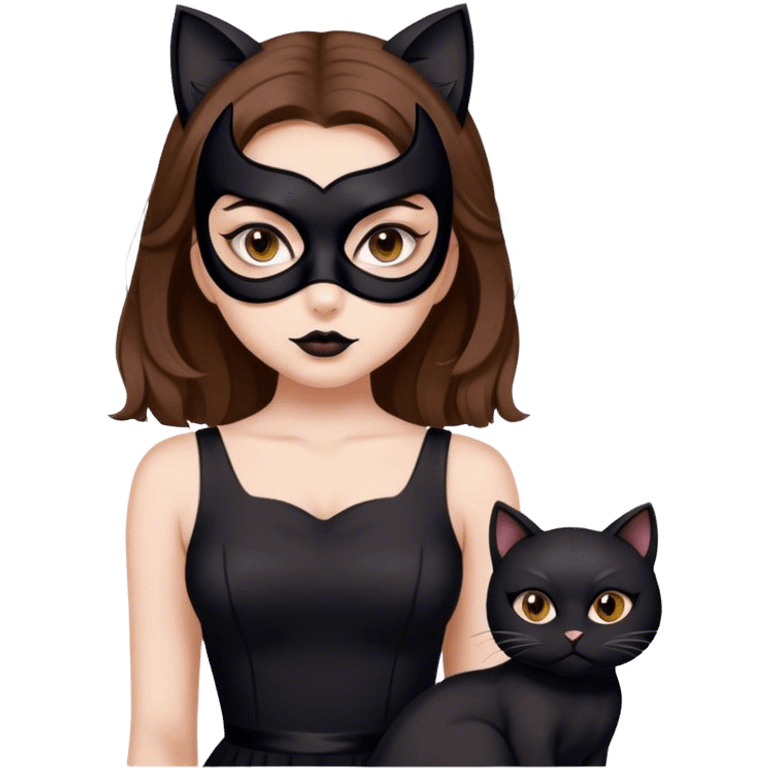 Girl with brown medium hair, white skin, in black dress with black cat mask emoji