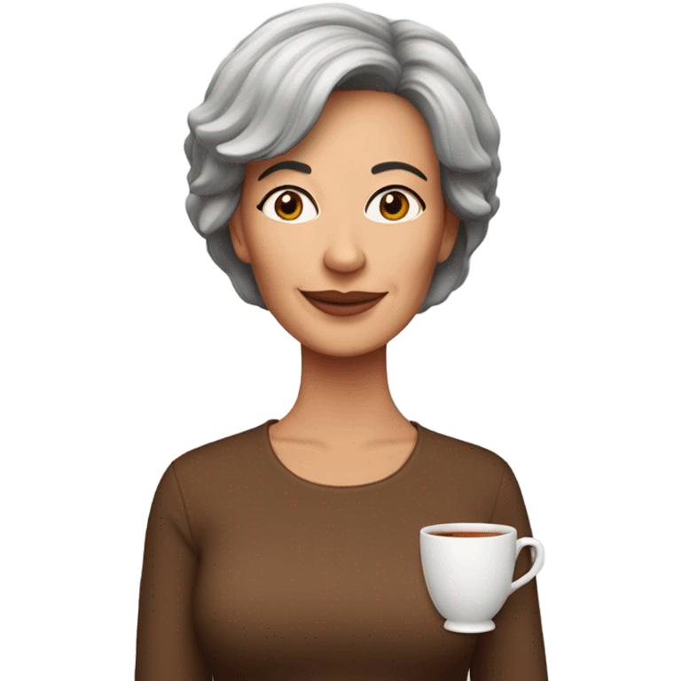 Middle aged woman with brunette pixi cut drinking tea emoji