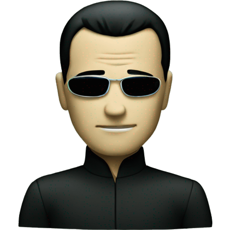 Neo from matrix with a serious face, waving, and matrix code in background emoji