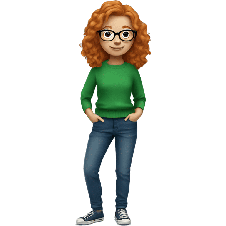 ginger girl with glasses in a green jumper with blue jeans emoji