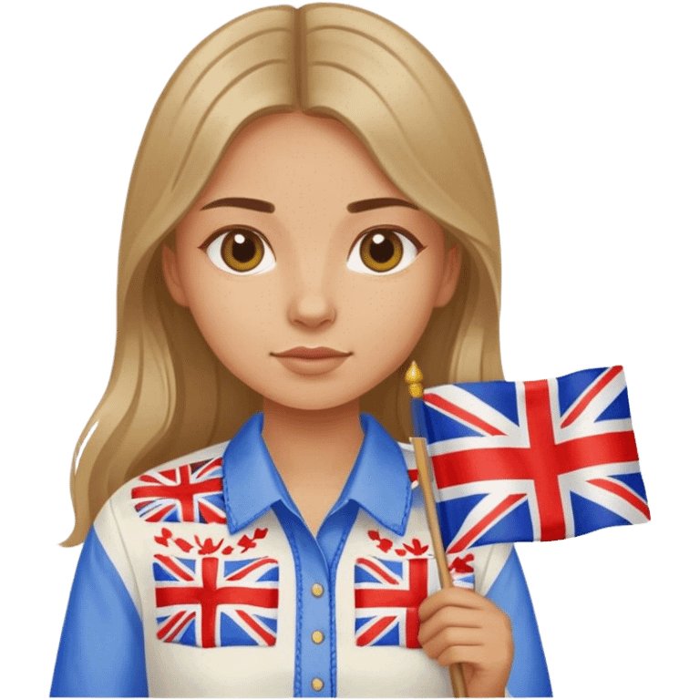 A Ukrainian girl in an embroidered shirt holds a British flag emoji