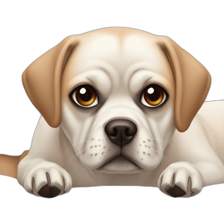 White puggle with brown ears laying on bed emoji