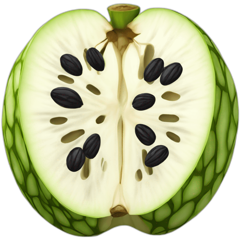 open cherimoya cut in half showing white inside and black seeds emoji