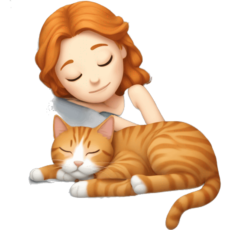 sleeping girl ginger hair laying next to gray tabby cat emoji