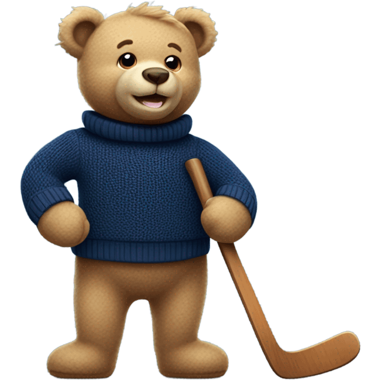 Handsome happy teddy bear wearing a nave blue sweater hockey game emoji