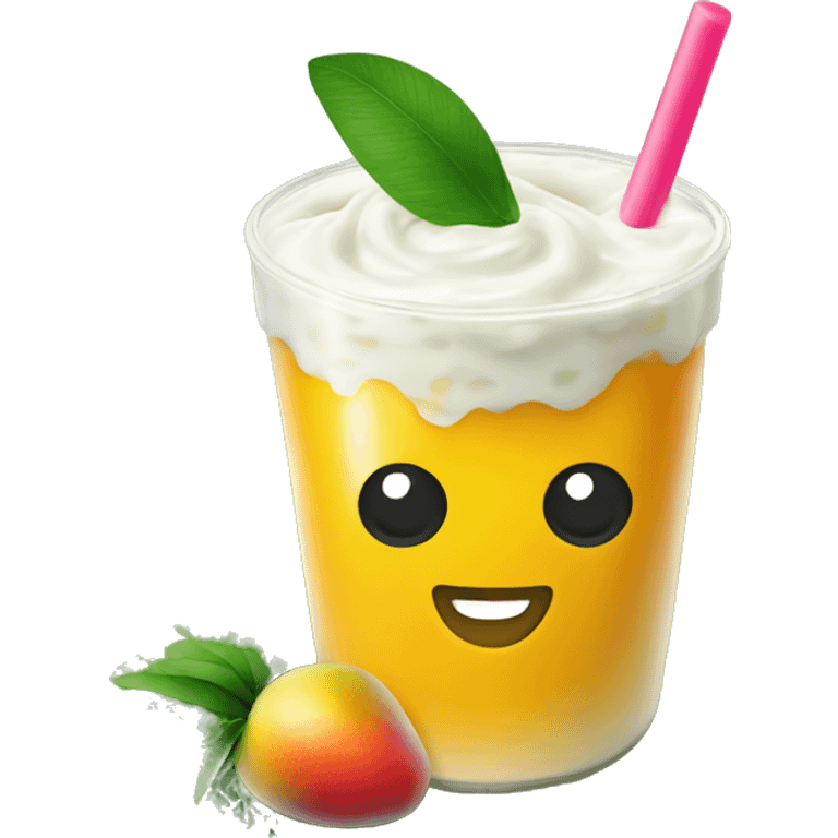 A mango mango yogurt, Boba with tapioca sitting on a grass lawn emoji