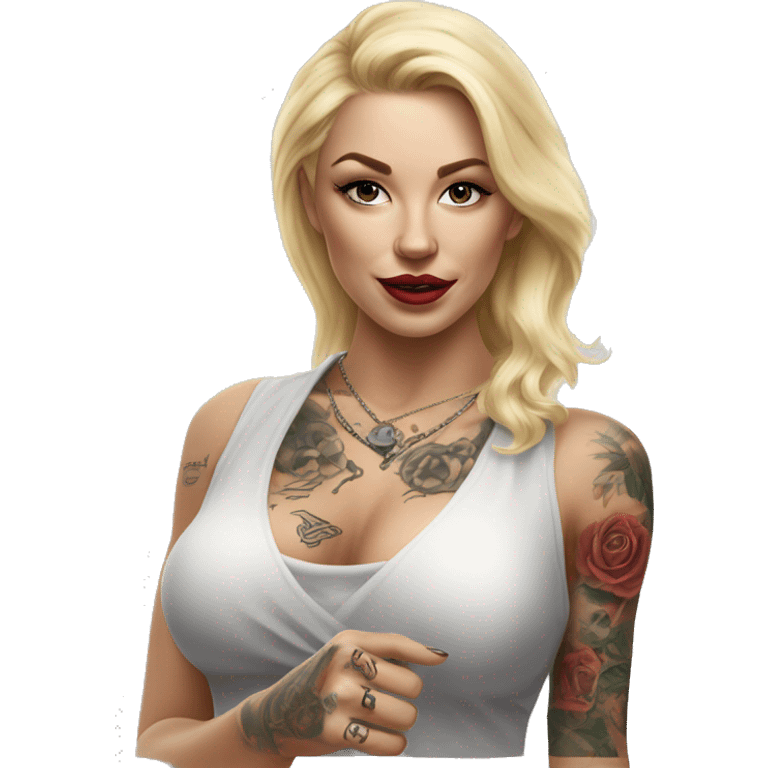 Blonde elegant women, her Body Covered with Tattoos, POINTING to YOU FORWARD with her ONE HAND , Hyper realistic emoji