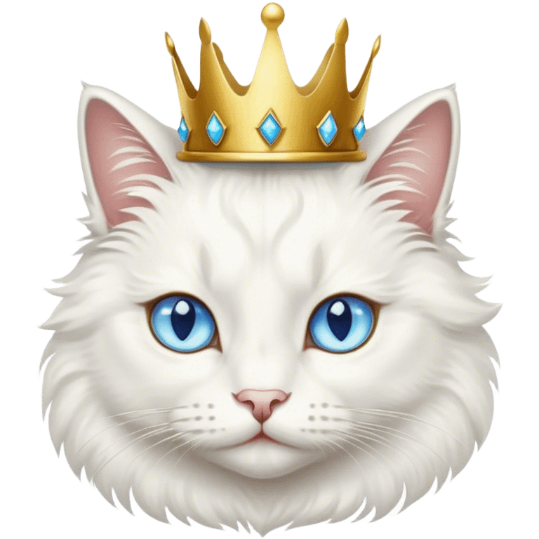 white fluffy cat with blue eyes wearing a crown emoji