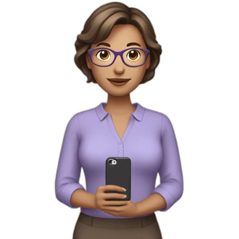  Woman with brown hair, cut short to the shoulders, wearing a lavender blouse, accessorized with gray glasses, and holding a cell phone in her right hand. emoji