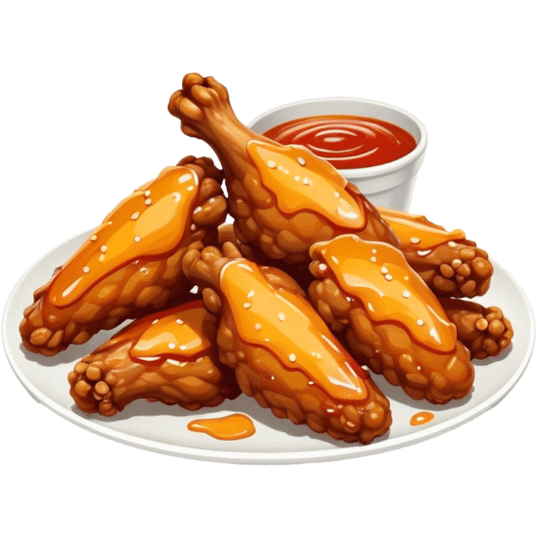 Cinematic crispy chicken wings, golden-brown and glazed with spicy sauce, crunchy coating, juicy inside, piled high with dipping sauce on the side, ultra-realistic and mouthwatering, inviting and bold. emoji