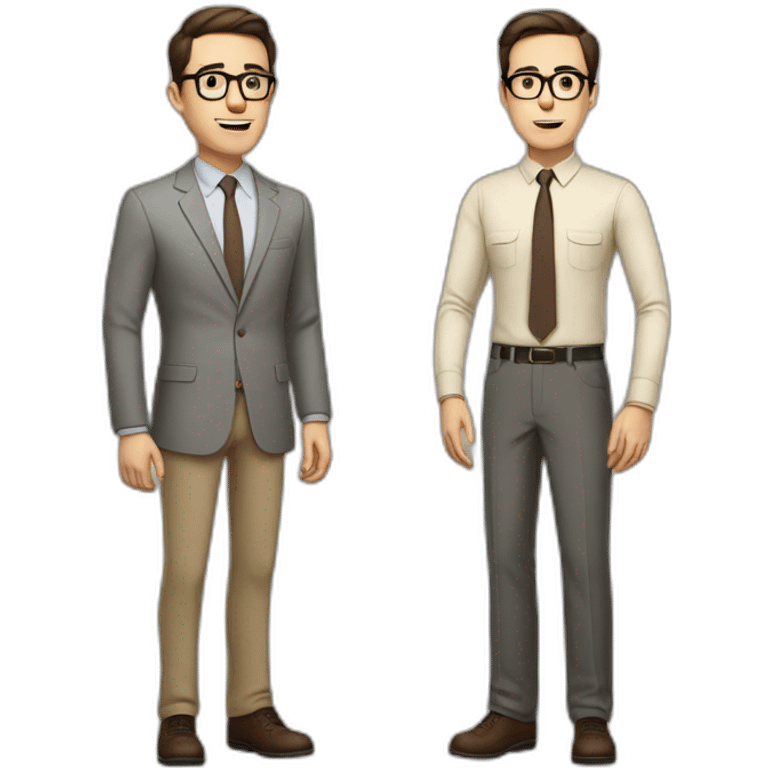 Full height Actively gesturing with hands Pale skinned fit man with dark brown hair in gray jacket, beige office shirt, brown tie, brown pants and vintage glasses. emoji