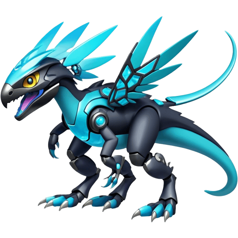 Shiny Futuristic Celestial Fakemon-Pokemon-Digimon-Spectrobes-Raptor-fusion, full body, four legs, black body, cyan accents, scales emoji