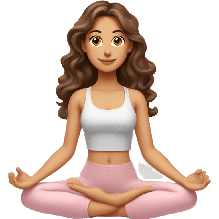 Brunette long curled hair and hazel eyes yoga beautiful girl in light pink clothes sitting on a yoga mat emoji