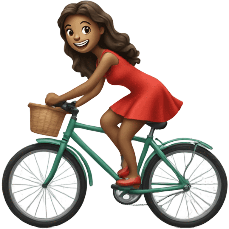 smiling girl in red dress riding a bike emoji