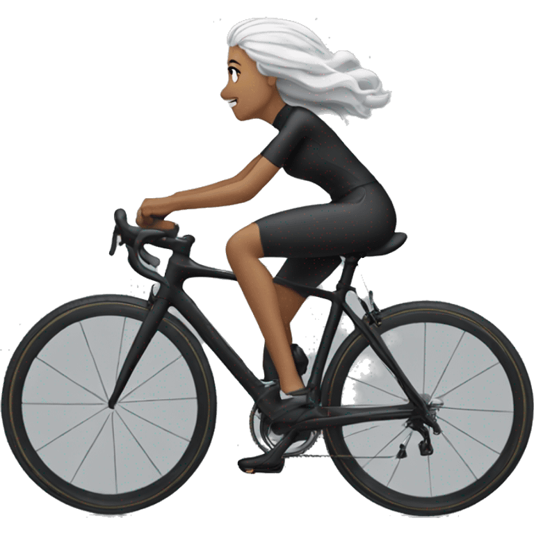 Roadcycling black bike, white cyclist wearing black clothes woman grey hair emoji