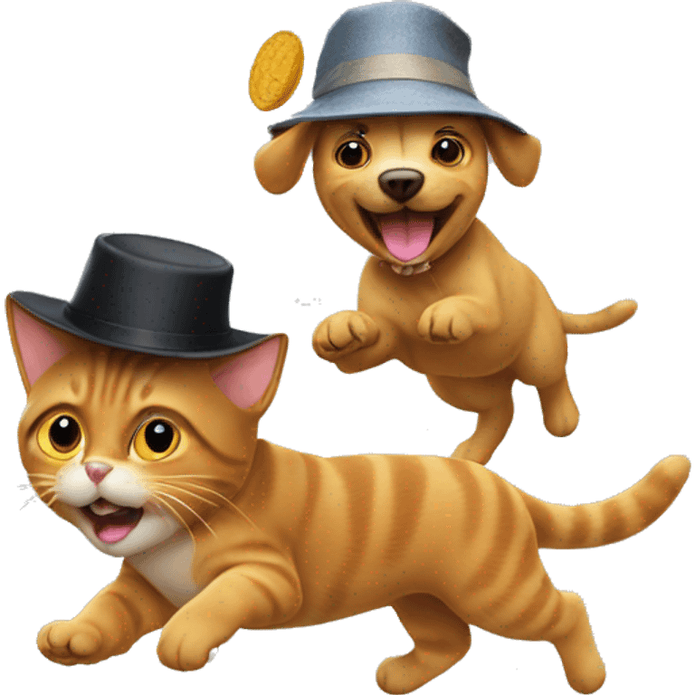 Cat chasing a dog with a hat emoji