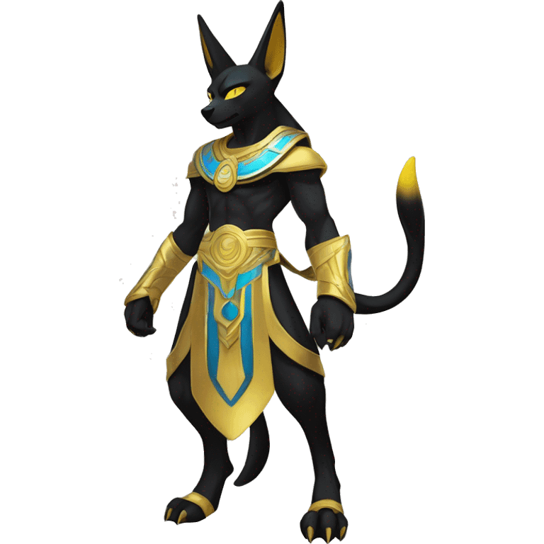 Black godly overpowered ethereal majestic Egyptian Lucario-Umbreon-Cat. Golden Anubis-Rings and yellow ring-markings. Full body emoji