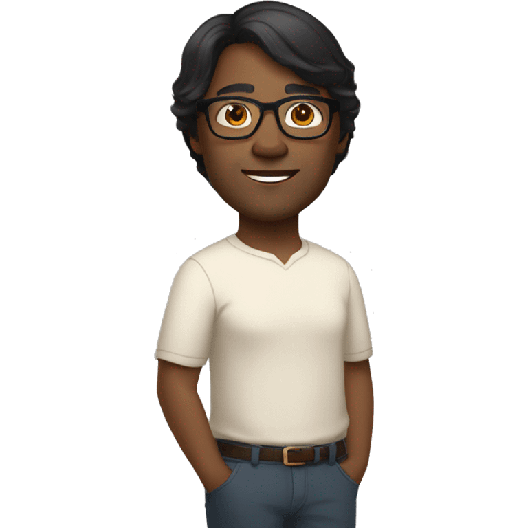 45-year-old dark-skinned person, straight black hair, side-swept hairstyle, light brown skin, oval face, wears glasses, brown eyes, emoji