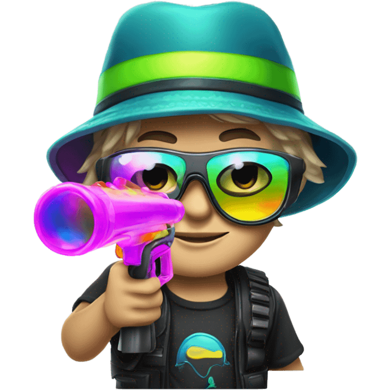 Caucasian boy in glowing rave gear with sunglasses and mask and hat and shooting a bubble gun emoji