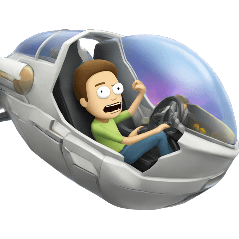 Hot wheel young Rick and Morty flying in spaceship to citadel  emoji