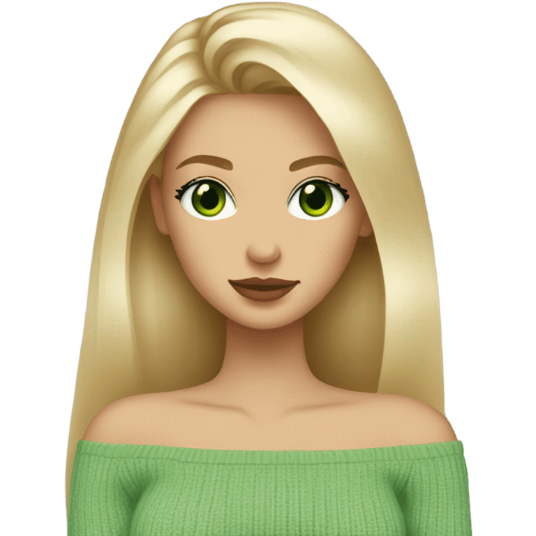 blonde girl with green eyes, smooth skin, off shoulder sweater, long blow out hair, baddie emoji