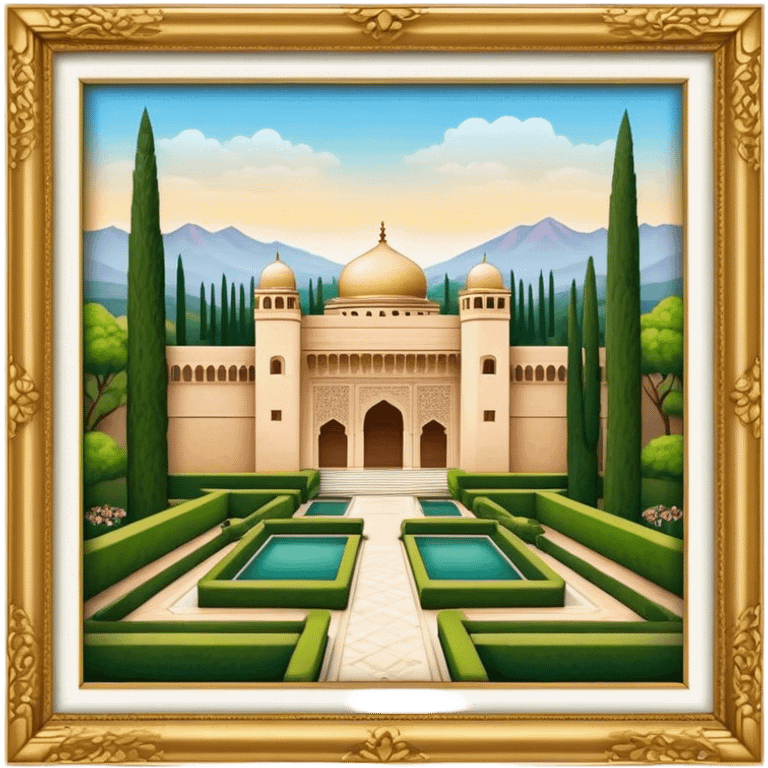 Cinematic Realistic Alhambra Landmark Emoji, showcasing the ornate historic palace with lush gardens rendered with rich textures and soft, majestic lighting. emoji