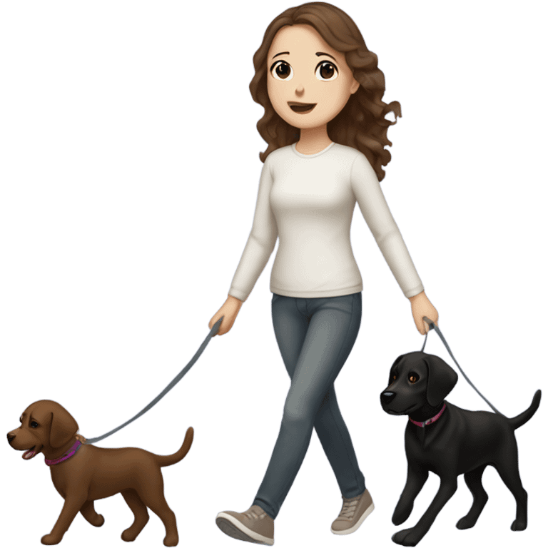 White girl with wavy brown hair walking a black Labrador emoji