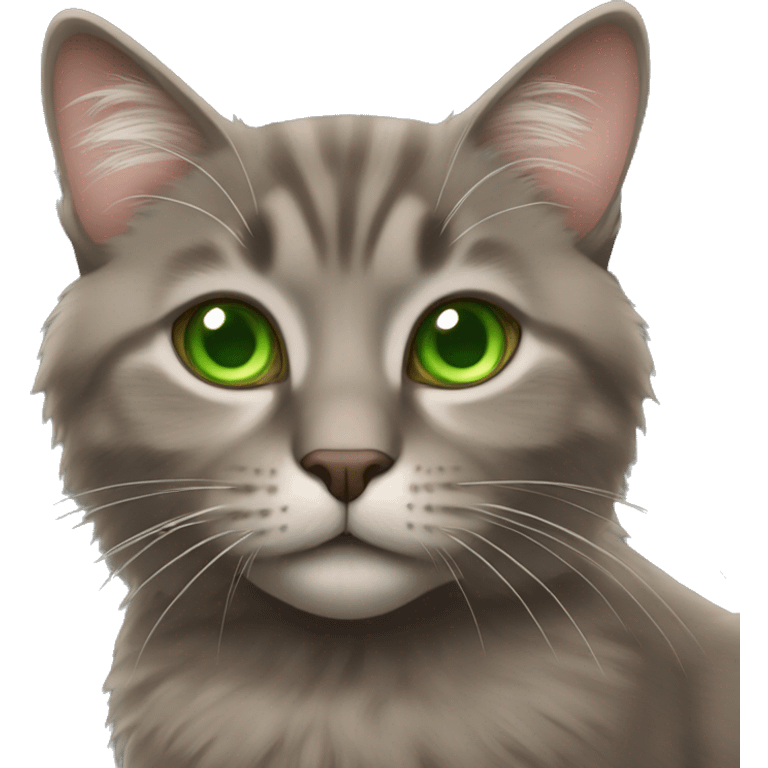 fluffy brown-gray cat with green eyes emoji