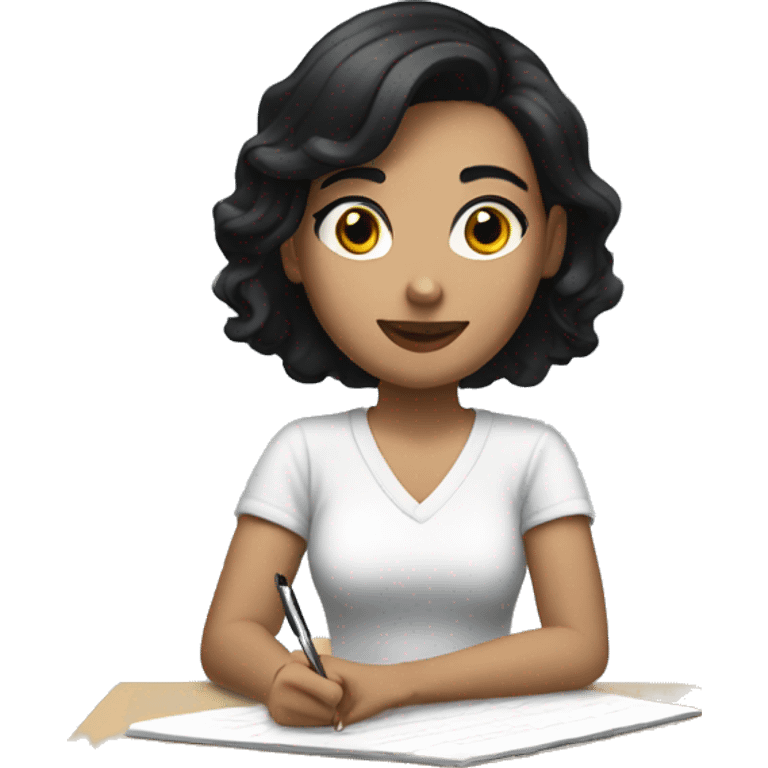 white woman with short black hair writing  a notebook emoji