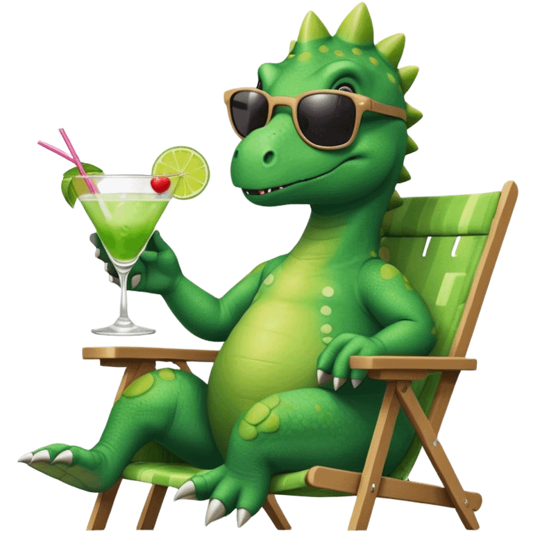 cute green dinosaur with sunglasses that he's raising, with an inquisitive eyebrow raise, facing forward, in a lawn chair, holding a cocktail emoji