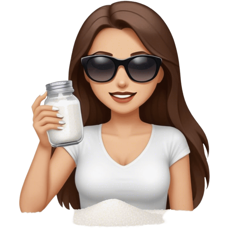 sassy woman with long brown hair and dark sunglasses holding a salt shaker filled with white table salt. She is shaking and sprinkling the salt. She is smirking.  emoji