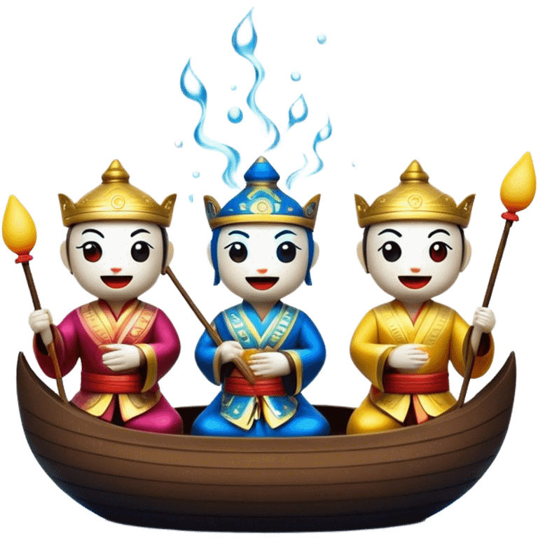 Cinematic Realistic Water Puppetry Emoji, depicted as a whimsical scene of traditional water puppets performing on a reflective water stage, rendered with vivid textures and dynamic playful lighting that captures its enchanting charm. emoji