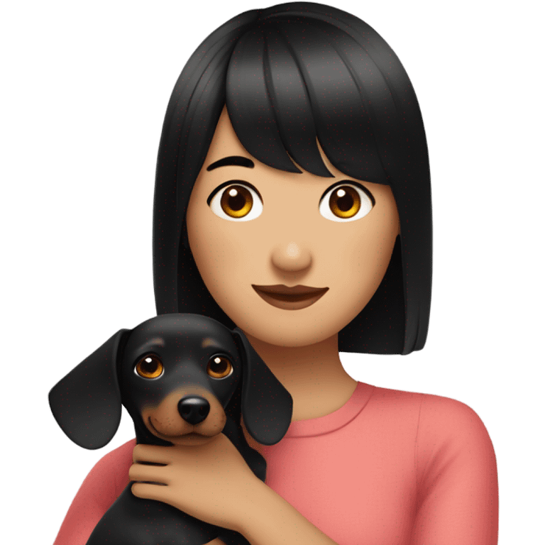 Asian woman with black neat bangs hugging black dachshund emoji