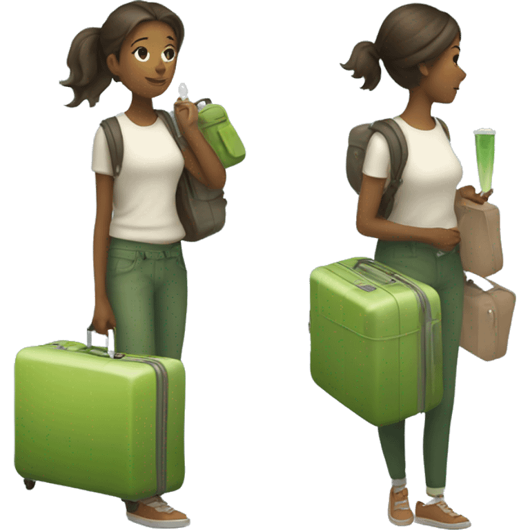 A girl with a luggage and a matcha tea emoji