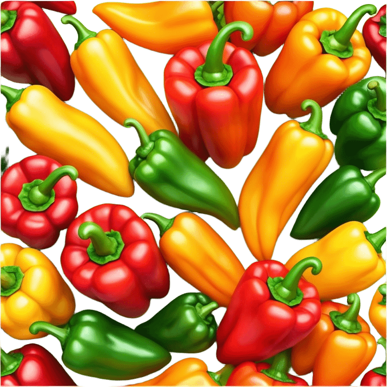 Cinematic bright colorful peppers, glossy and fresh, arranged in a vibrant mix of red, yellow, and green, warm glowing background, fresh and lively. emoji