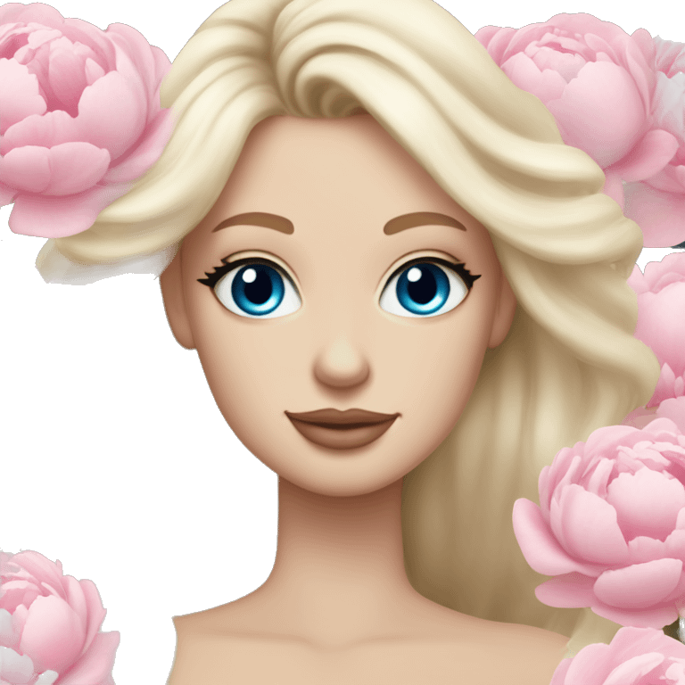 White bride with long light blonde hair and blue eyes with light pink peonies in hair white skin light pink lips emoji