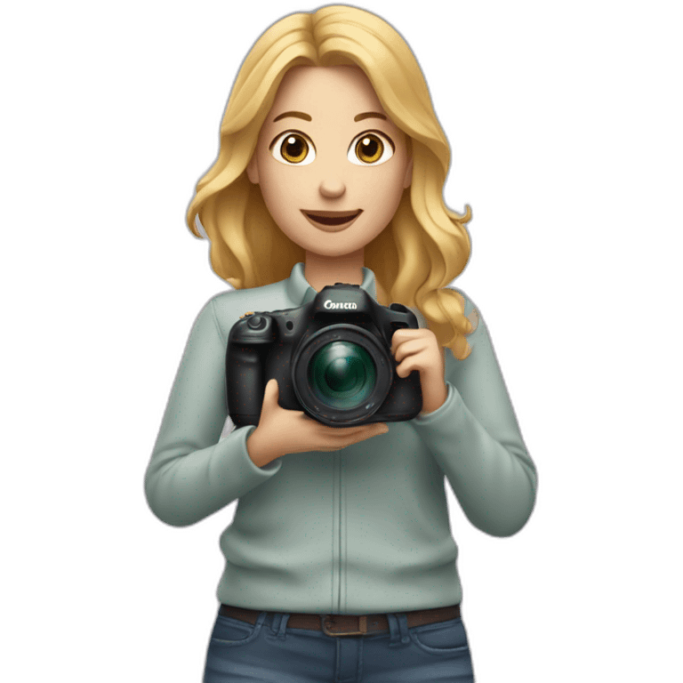 women photographer with honey colored blonde hair holding a camera canon emoji