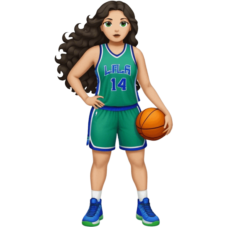 Full Body light skin Latino plus size women basketball player with long wavy dark hair  wearing blue and green uniform emoji