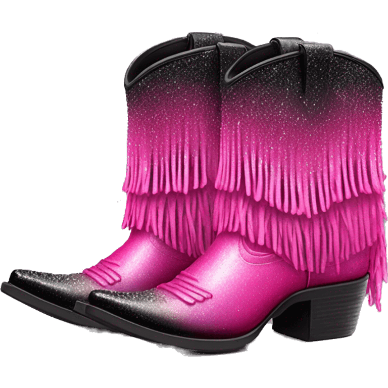 Realistic hot pink to black ombre pair of fashion cowgirl boots with sparkly shiny glitter fringe on them. emoji